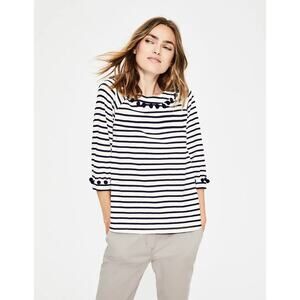 Boden Navy White Striped Pom Pom Boat Neck Rosemary Jersey Top Size 6